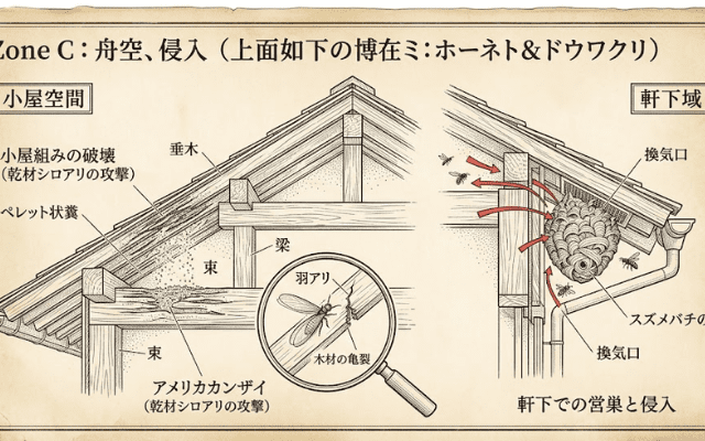 【空中飛来】軒下・屋根裏：ハチの営巣と外来種の死角